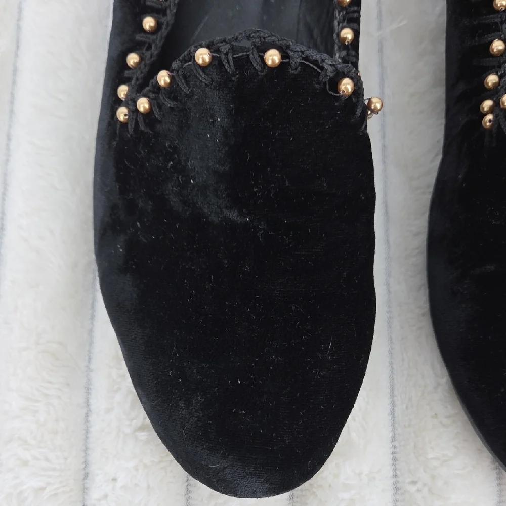 Ramon Tenza Black Velvet Slip-On Loafers with Gold Stud Accents